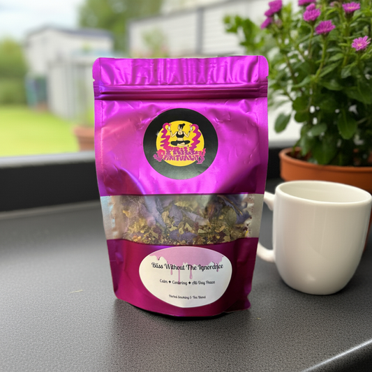 Bliss without the ignorance - Calmness for Day or Night - herbal blend for teas, incense, baths, or smoking. Bag sizes: Sample Pack, Small Bag, Medium Bag, Large Bag