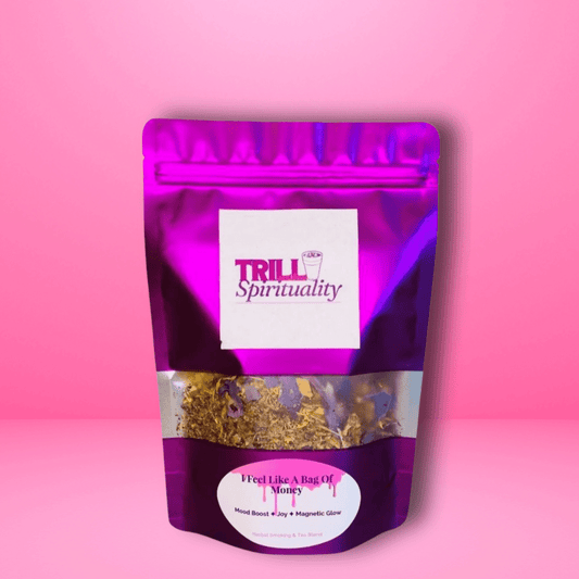 Purple packaging of 'Trill Spirituality' with a pink background