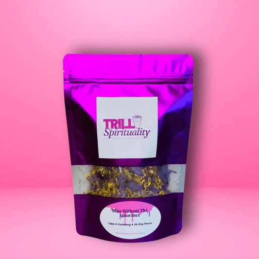 Purple package with 'Trill Spirituality' branding on a pink background