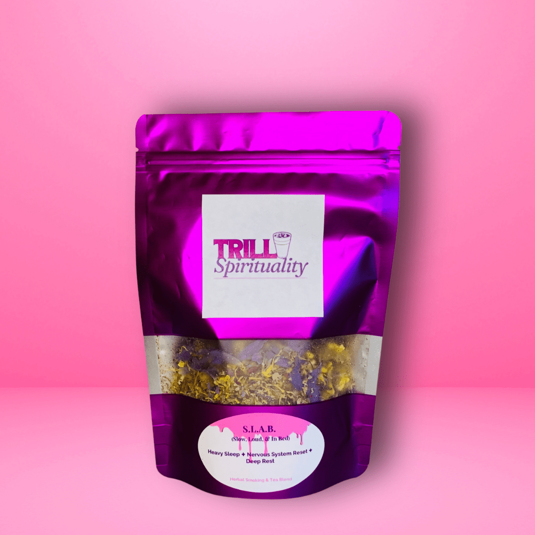 Purple packaging with 'Trill Spirituality' label on a pink background