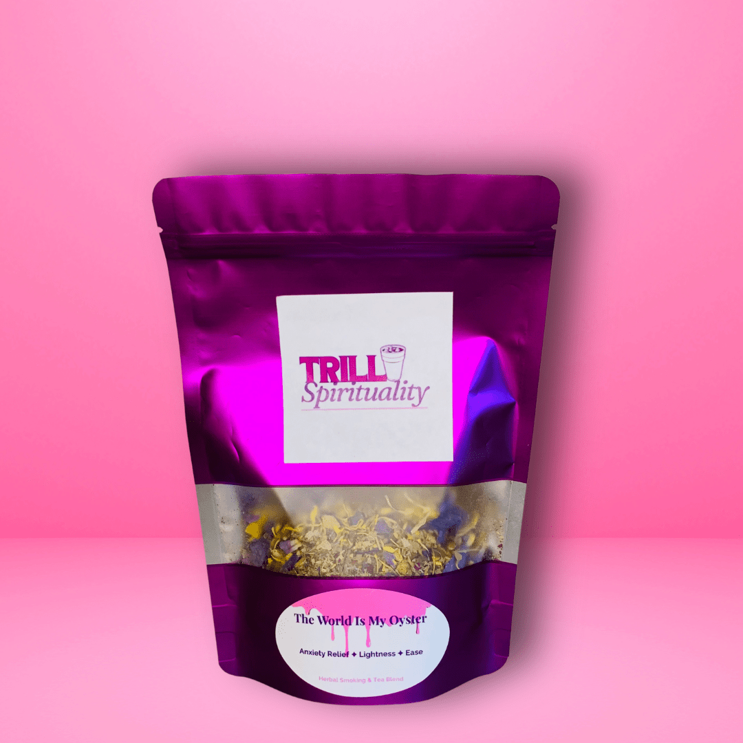 Purple package with 'Trill Spirituality' label on a pink background